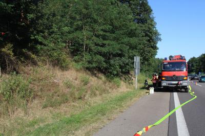 Feuerwehr bekaempft Waldbrand an der A65 bei Woerth